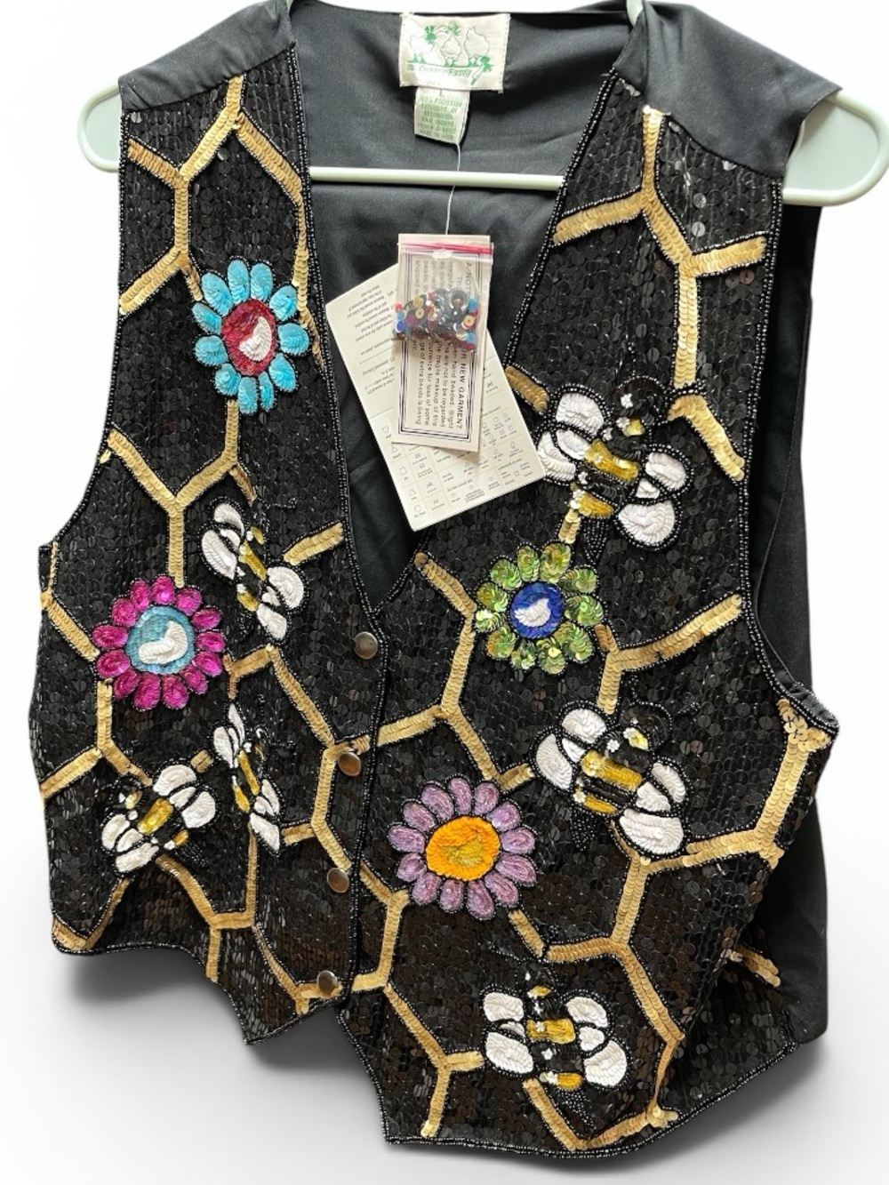 Quacker Factory Sequin & Beaded Vest Spring Flowers Bees Honey Comb Black Large